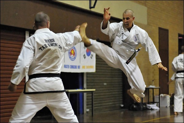 Rhee Tae Kwon-Do jumping reverse crescent kick, October 2012, Churchlands, Perth