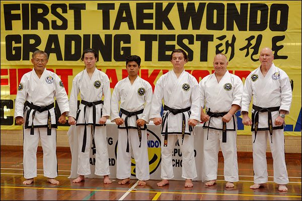 First Tae Kwon Do Master Vernon Low, instructors, and new 1st Dan members, December 2016, Perth