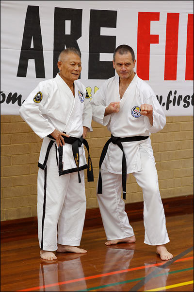 First Tae Kwon Do Master Vernon Low and new black belt member, June 2018, Perth