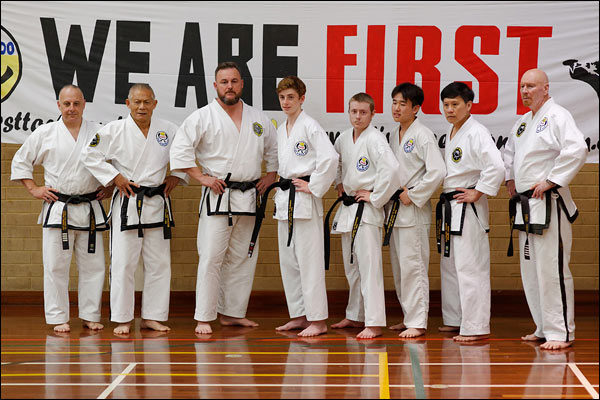 First Tae Kwon Do Master Low, instructors, and new black belt members, September 2018, Perth