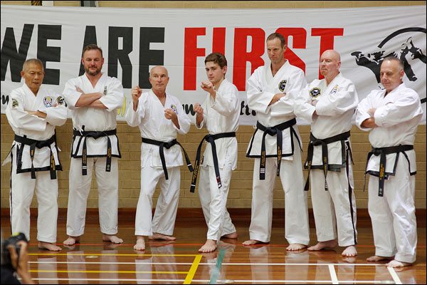 First Tae Kwon Do Master Low, instructors, and new black belt members, December 2018, Perth